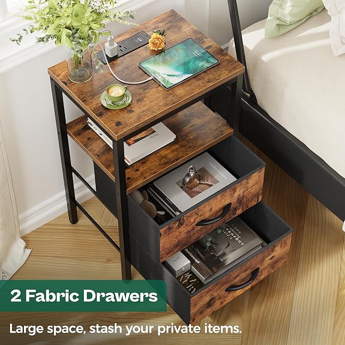 Huuger Nightstand with Charging Station, Fabric Drawers, End Table with Open Shelf, Bedside Table with USB Ports and Outlets, Night Stand for Bedroom, Rustic Brown