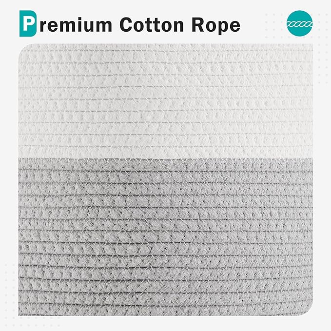 Cotton Rope Laundry Hamper by YOUDENOVA, 58L - Woven Collapsible Laundry Basket - Clothes Storage Basket for Blankets, Laundry Room Organizing, Bedroom Storage, Clothes Hamper – White & Grey
