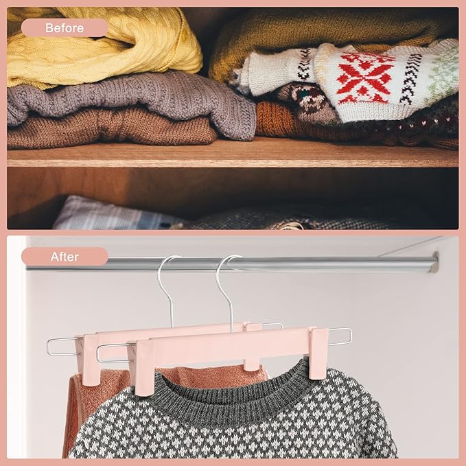 20 Pack Pants Hangers with Adjustable Non-Slip Clips Anti-Rust Hanging Hook for Trouser,Skirts,Jeans,Clothes Hangers Pink