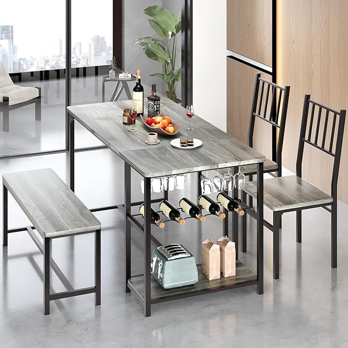 4 EVER WINNER Dining Room Table Set for 4, 55" Kitchen Table Set with Storage Shelf, Wine Rack & Wine Glasses Holder, Dining Table Set with 2 Chairs and Bench for Dining Room, Kitchen, Grey