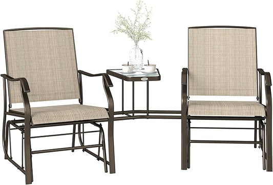 Outsunny Outdoor Glider Chairs with Coffee Table, Patio 2-Seat Rocking Chair Swing Loveseat with Breathable Sling for Backyard, Garden, and Porch, Light Brown