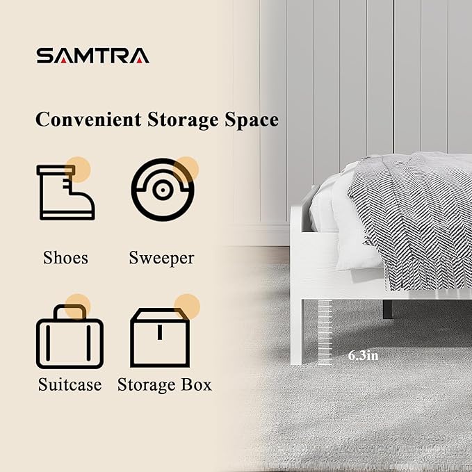 Wooden Bed Frame King Size with Headboard, Farmhouse Platform Bedframe with Wood Slat Support, Sturdy Framework Bed Frame, Easy Assembly (Rustic White)