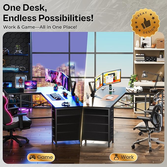 Huuger 63 Inch L Shaped Desk with Fabric Drawers, Reversible Computer Gaming Desk with Power Outlets and USB-C Port, Adjustable Side Storage Shelves, for Work Study Corner Home Office, Black