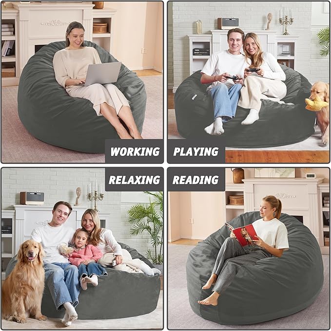 5FT Bean Bag Chair with Ultra Soft Velvet Cover Bean Bag Sofa with Memory Foam Bean Bag Chairs with Large Size Lazy Sofa for Dorm Office Living Room Bedroom Light Grey 5'