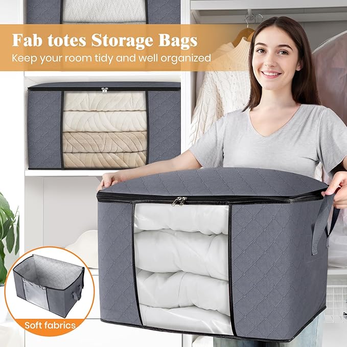 Fab totes 90L Clothes Storage, Foldable Thick Fabric Blanket Storage Bags, Containers for Organizing Bedroom, Closet, Clothing, Comforter, Organization with Handle (6 Pack,Grey)