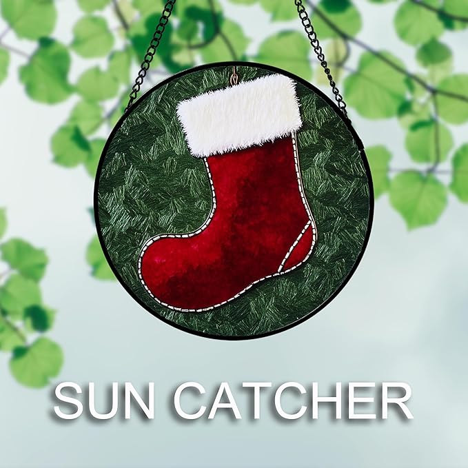 Stained Glass Window Hanging 4 Pcs Set Red Christmas Stockings and Gingerbread 6.3" - Suncatcher Door Garden Sun Catcher Decor Birthday Mother's Day Xmas Gifts for Mom Woman Nana Men