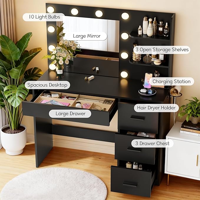 YESHOMY Vanity Desk with Mirror, 10 Lights, Power Outlet and 3 Storage Shelves, Makeup Table with 4 Drawers, 3 Color Modes, for Bedroom, Pure Black