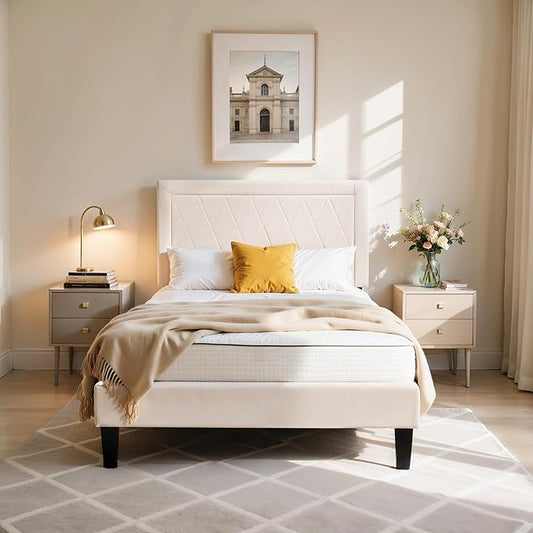 Hokway Bed Frame Upholstered Platform Bed with Headboard Wooden Slat Support No Box Spring Needed(Twin, Soft Beige)