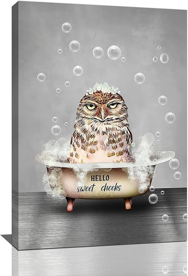 Fun Owl Bathroom Art - Animal In Bathtub Wall Decor Canvas Prints 16"x24" Framed