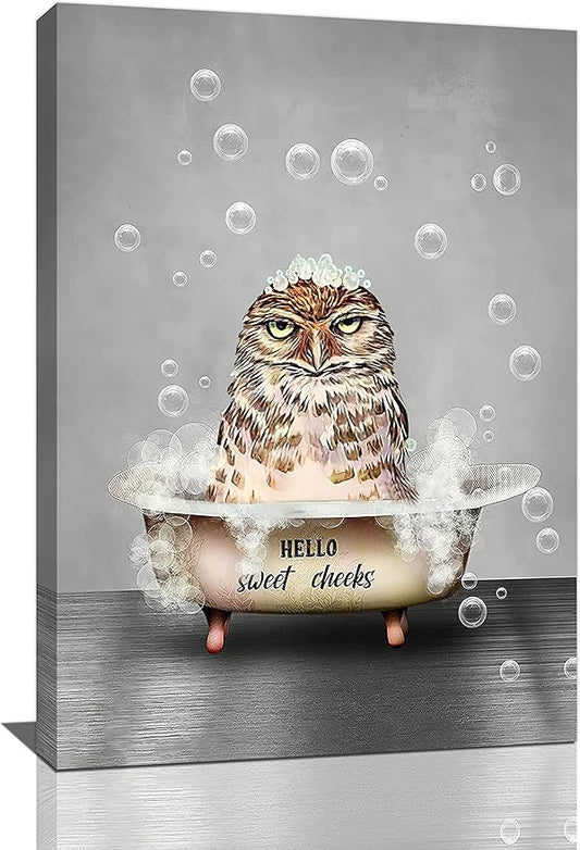 Fun Owl Bathroom Art - Animal In Bathtub Wall Decor Canvas Prints 16"x24" Framed