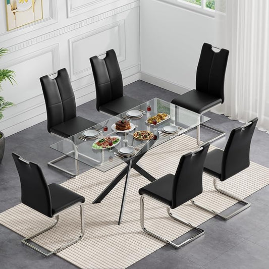 Modern Glass Dining Table Set for 6, Black Glass Kitchen Table and Chairs Set of 6, 7 Piece Dining Room Table Set with 61" Rectangular Metal Glass Dinner Table and 6 Black Leather Dining Chairs