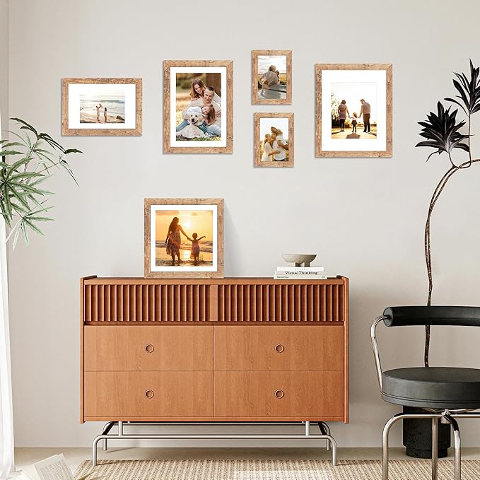 12x12 Picture Frame Set of 4 with Tempered Glass, Rustic Brown Frame Display 10x10 Pictures with Mat or 12 x 12 Without Mat, Wood Square Photo Frames for Desktop Display and Wall Mounting