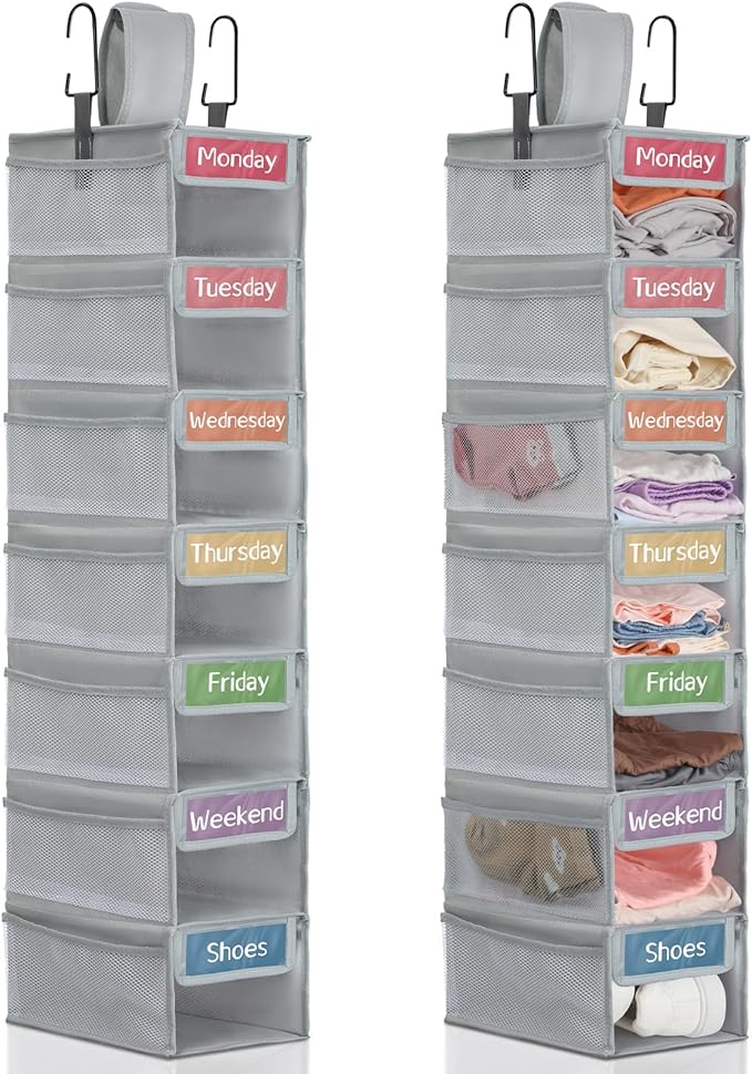 2 Pack 7 Shelf Weekly Clothes Organizer Hanging Closet for Kids with Side Pockets Weekday Shoes Rack Weekly Clothes Organizers Monday Through Weekend Foldable Storage Shelves(Gray)