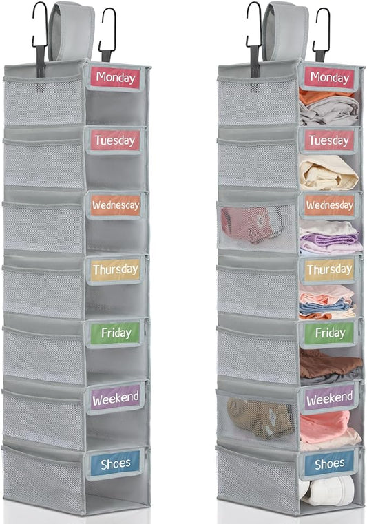 2 Pack 7 Shelf Weekly Clothes Organizer Hanging Closet for Kids with Side Pockets Weekday Shoes Rack Weekly Clothes Organizers Monday Through Weekend Foldable Storage Shelves(Gray)