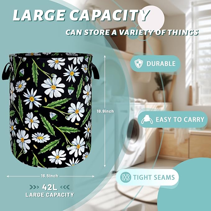 Cute Daisy Flowers Laundry Basket Foldable Oxford Cloth Floral Laundry Hamper With Handle Portable Clothes Storage Basket 18.9 X 16.5 Inch Storage Bag For Laundry Room/Bathroom/Bedroom