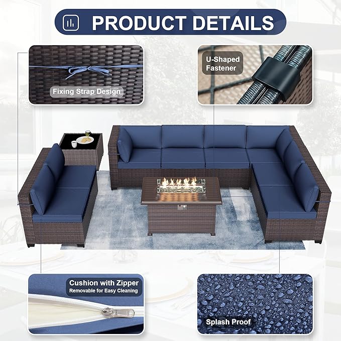 Kurapika 13 Pieces Patio Furniture Set, Rattan Wicker Outdoor Conversation Sets w/43in Propane Fire Pit Table, Swivel Rocking Chairs Patio Sectional Sofa w/4 Inch Cushion, Navy Blue