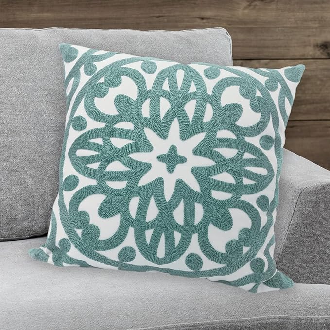 Alysheer Embroidered Decorative Throw Pillow Cover 18x18 inch, Cozy Cool Boho Mandala Chic Knit Pattern, Durable 100% Cotton Cushion Case for Sofa Couch Living Room Bedroom Office Gifts (Aqua Blue)