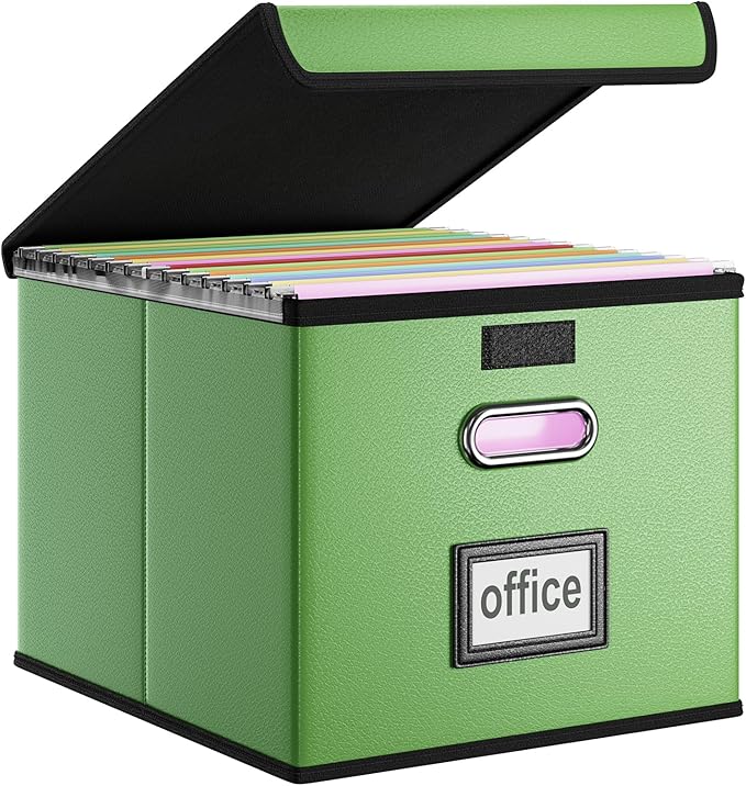 Huolewa File Organizer Box with Lid, Collapsible Faux Leather Document Organizer, Hanging File Folder Box with Plastic Slide, Decorative Filing Boxes Cabinet for File and Folders Storage(Green)
