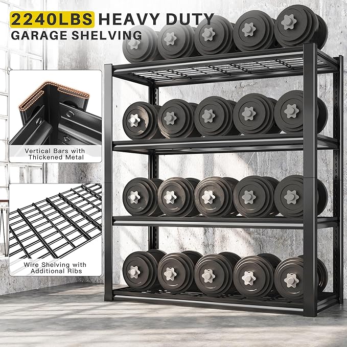 REIBII 40" W Garage Shelving 2240 LBS Storage Shelves Adjustable Heavy Duty Shelving 4 Tier Metal Shelves for Storage 59.5"H Metal Shelf for Pantry Basement Warehouse 40"W × 19.5"D × 59.5"H, 4 Pack