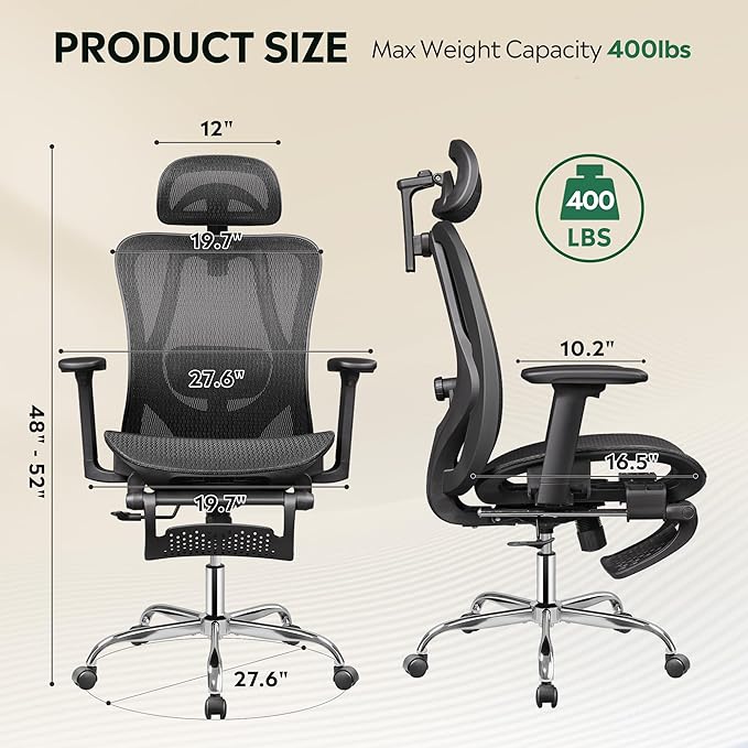 DEVAISE Ergonomic Mesh Office Desk Chair, Retractable Footrest and Adjustable Lumbar Support, Comfy High Back Reclining Computer Gaming Chair, Tilt Function, Heavy Duty, SGS Class 4 Gas Lift, Black