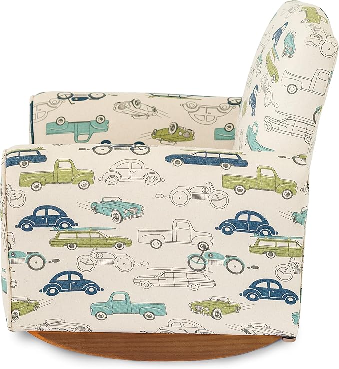 Toddler Personalized Armchair, Kids Upholstered Rocking Chair with Personalization, Toddler Chair with Personalized Name, Comfy Child Armchair, (Cars & Trucks Print, Rockers)