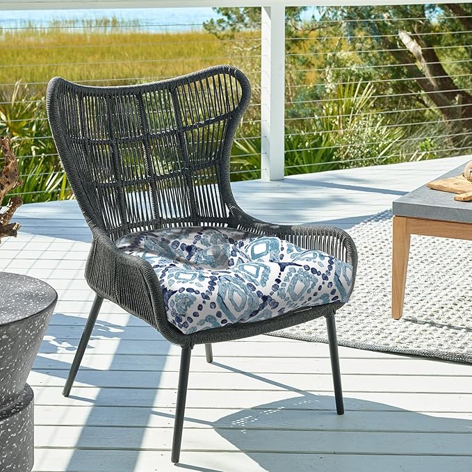 Set of 2 Outdoor Tufted Chair Cushions 19"x19"x4", Water Repellent Patio Seat Cushions with Ties, Replacement Chair Pads for Wicker Dining and Patio Furniture - Boho Geometry Blue