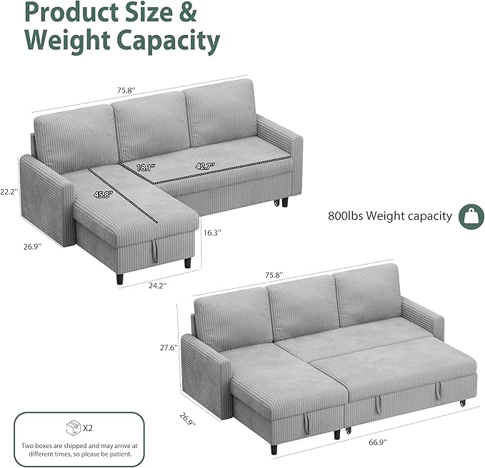 Sofa Bed Sleeper Pull Out 2 in 1 Sectional Sleeper Sofa Couches with Storage, Pullout Sectional Couches for Apartment Living Room,Light Grey