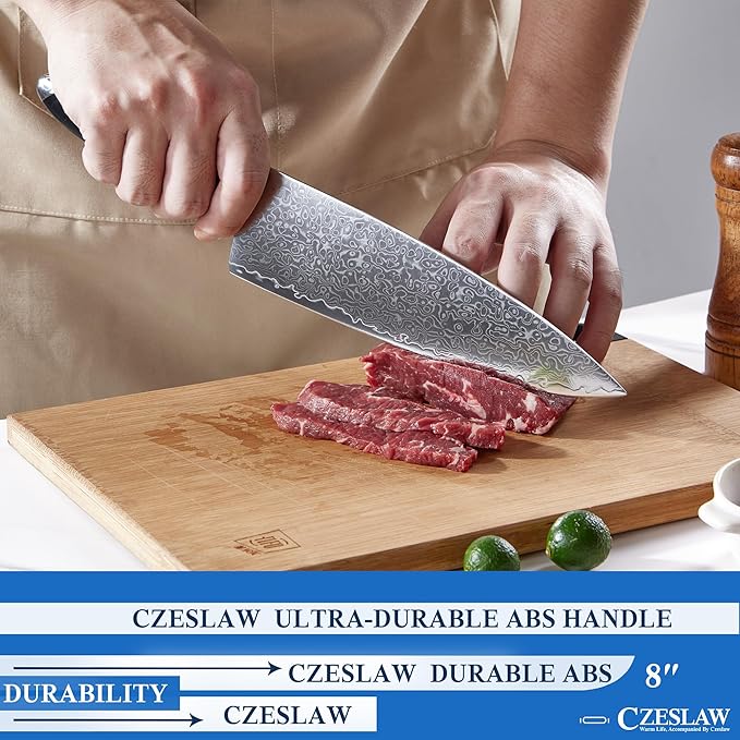 Chef Knife - 8 Inch kitchen knife, Japanese Damascus Chefs Knife, Professional Sharp Forged Black Japanese Damascus Cooking Knife, Full Tang, Ergonomic ABS Handle Design