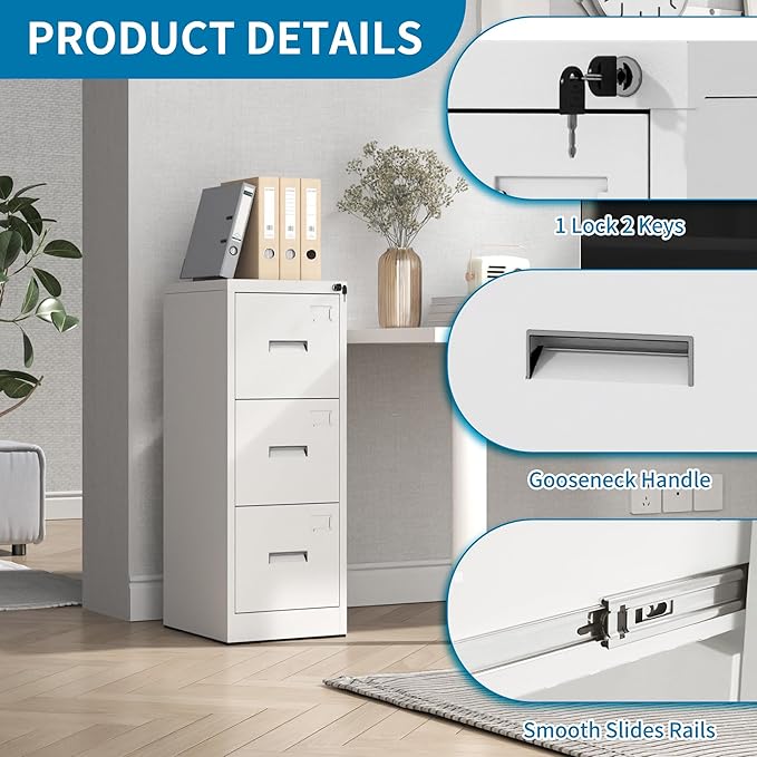 AQY 3 Drawer File Cabinet with Lock, Metal White Filing Cabinets for Home Office, 18" Deep Heavy Duty Vertical Storage Cabinet for Hanging A4/Letter/Legal Size Files, Assembly Required