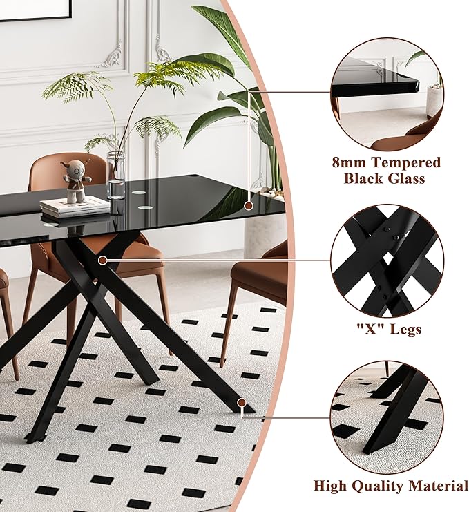 Goujxcy Modern Glass Dining Table Set for 4, Black Glass Kitchen Table and Chairs Set, 5 Piece Dining Room Table Set with 51" Rectangle Dinner Table and 4 Grey Leather Dining Chairs