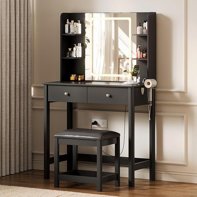 Vanity Desk with Mirror and LED Lights, Small Makeup Vanity Table Set with Drawers and Chair, Dressing Table with Power Outlet for Girls Bedroom, Black