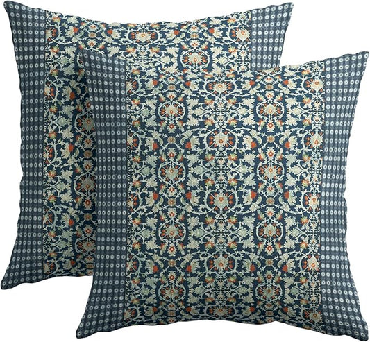 Kawani Antique Pillow Covers 18x18 Inch Vintage Floral Block Print Blue Red Decorative Throw Pillow Covers Set of 2 Retro Turkish Pillowcases for Couch Indoor Outdoor Home Decor
