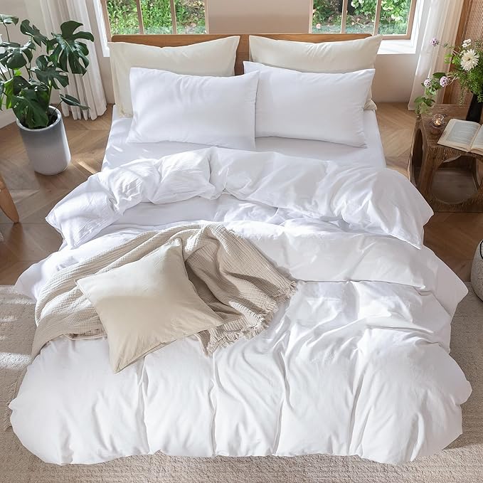 MooMee Bedding Duvet Cover Set 100% Washed Cotton Linen Like Textured Breathable Durable Soft Comfy (Solid Bright White, Cal King 104"x98")