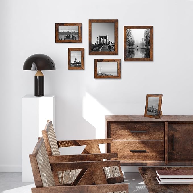 4x6 Picture Frame Set of 4, High Definition Glass 4 x 6 Frame, Wood Rustic Photo Frames for Horizontal or Vertical Display Tabletop and Wall Mounting, Dark Brown