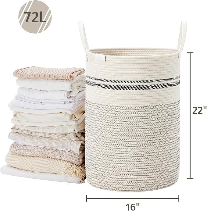 VIPOSCO Tall Laundry Basket, Large Dirty Clothes Hamper with Leather Handle, Woven Rope Storage Basket for Blanket, Toy In Living Room, Bathroom, Bedroom - 72L Stripe White