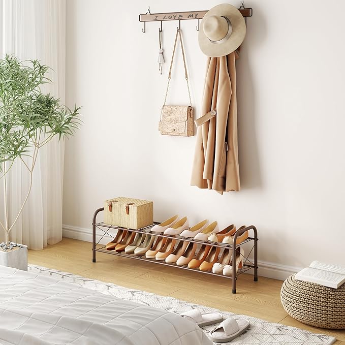 Hoctieon 2 Tier Shoe Rack for Closet, Durable Mesh Style Shoe Rack, Entryway Shoe Shelf, Shoe Storage Organizer for Hallway, Bedroom, Living Room, Wardrobe, Brown