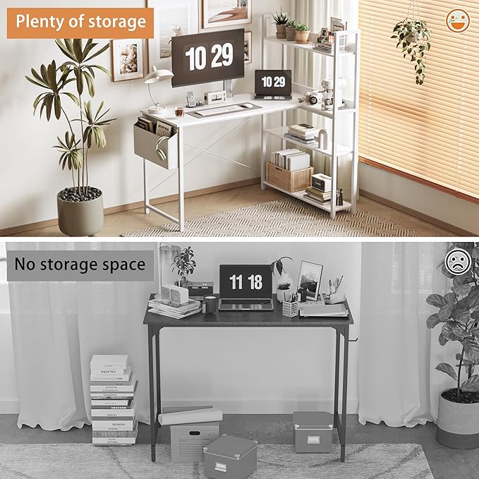 Treesland 55 Inch Computer Desk with Bookshelf, Corner Desk with Storage, L Shaped Desk, Home Office Desks, Writing Study Desk for Bedroom, White