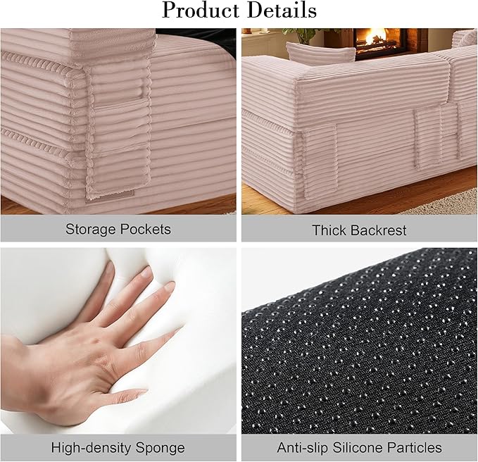 Sectional Boneless Couch Convertible Sofa Bed, 78'' Modular Sectional Sleeper Sofa with Removable Armrests & 3 Pillows, Small Floor Couch No Assembly Needed for Living Room, Office, Bedroom, Pink