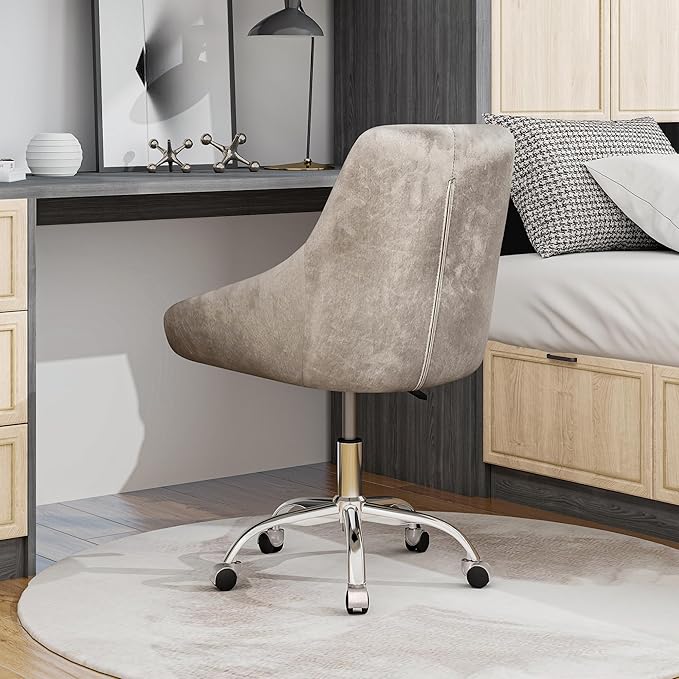 Furnimart 360° Swivel Rolling Desk Chair, Height Adjustable Vanity Chair with Silver Legs, Cute Task Chair with Wheels for Dorm Bedroom Studying Small Places (Velvet Gray)