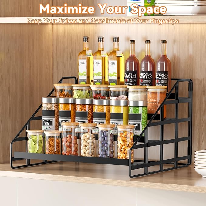 Spice Rack Kitchen Cabinet Organizer,4 Tier Countertop Spice Rack,Tier Depth Adjustable Cabinet Shelf,Step Spice Organization Easy Visibility,Holds Seasoning and Condiments