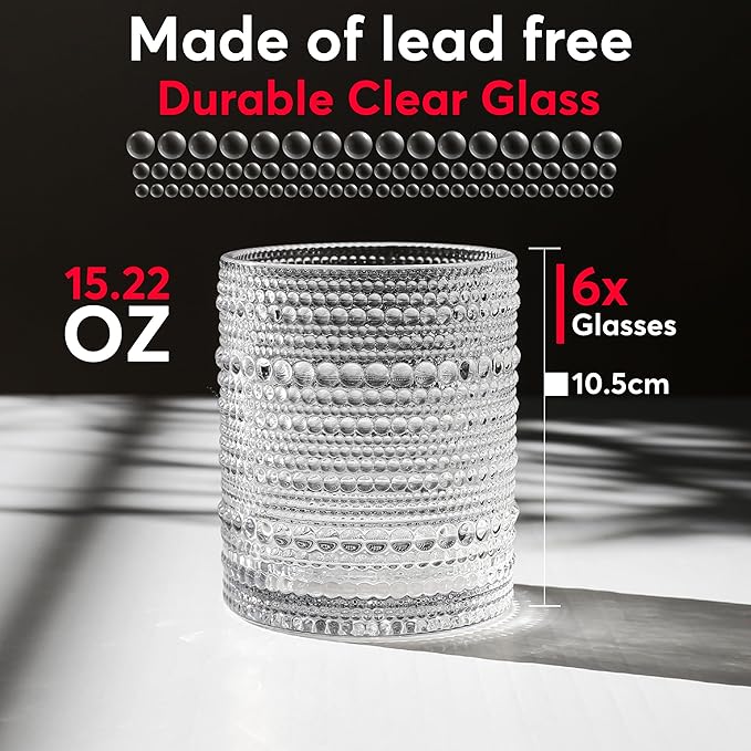 Hobnail Drinking Glasses, Vintage Glassware Set of 6, Vintage Drinking Glasses 15.22 oz, Bubble Glasses Drinking, Hobnail Glasses, Vintage Glass Cups, Jupiter Glasses for Juice, Soda, Beer, Whisky