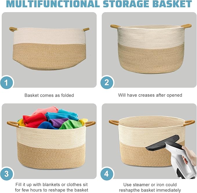 Large Woven Laundry Basket, Cotton Rope Storage Basket for Bedroom, Nursery & Bathroom – Toy Storage Organizer (Large(21.65" L x 12.6" W x 13.78" H))