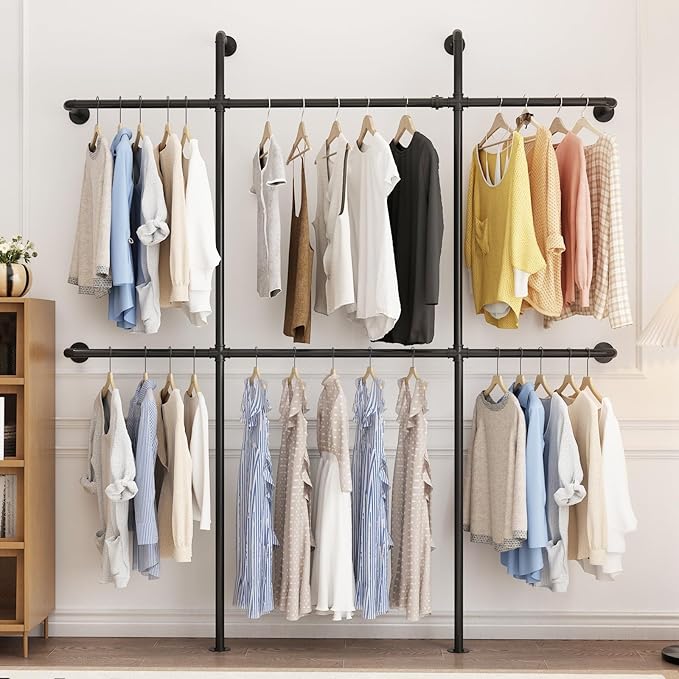 Industrial Pipe Clothing Rack Wall Mount, Black Pipe Clothes Rack with 6 Hanging Rods, Heavy Duty Pipe Clothing Rack for Laundry Room, Closet Systems for Walk in Closets