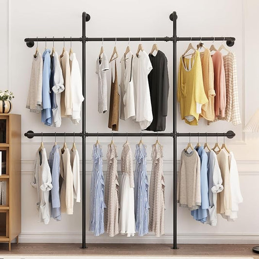 Industrial Pipe Clothing Rack Wall Mount, Black Pipe Clothes Rack with 6 Hanging Rods, Heavy Duty Pipe Clothing Rack for Laundry Room, Closet Systems for Walk in Closets