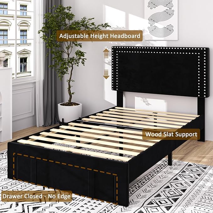 VECELO Twin Size Bed Frame with Storage Drawer, Adjustable Velvet Rivet Decor Headboard, Wooden Slats Support Platform, No Box Spring Needed, Easy Assembly