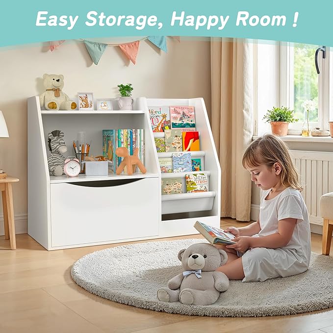 TOETOL 2 Tier Kids Bookshelf and Book Storage，4 Sling Toddler Bookshelf, Storage Boxes Book Shelf & Organizer for Nursery Playroom Classroom Library Bedroom White