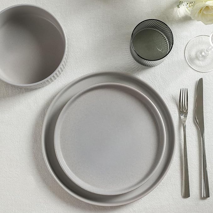 Stone Lain Haven Stoneware 12-Piece Dinnerware Set, Grey - Plates and Bowls Sets for 4, Elegant Dish Set, Includes Dinner Plates, Salad Plates Cereal Bowls, Microwave & Dishwasher Safe