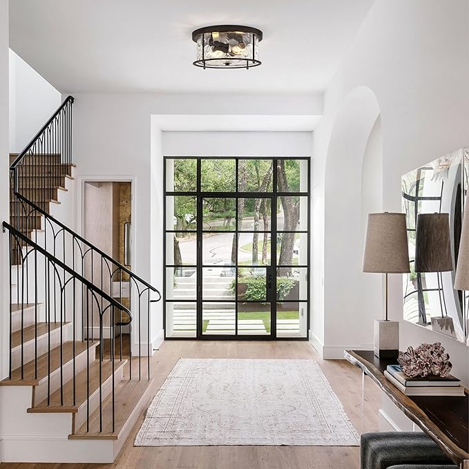 LamQee Flush Mount Ceiling Light with Clear Hammered Glass, Industrial 2-Lights Farmhouse Close to Ceiling Light Fixtures Round Low Profile Lights for Kitchen Hallway Foyer Entrance Bedroom Black