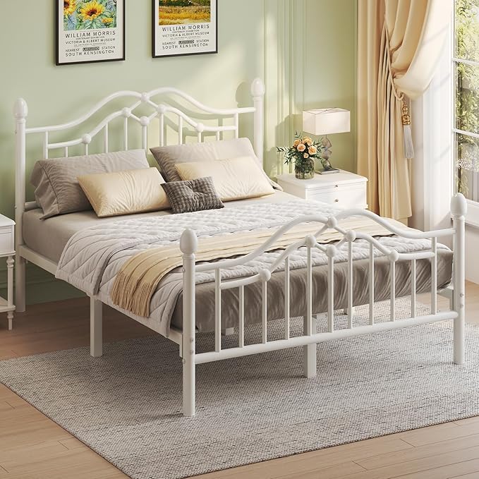 Queen Size Bed Frame, Metal Platform Bed with Victorian Headboard and Footboard, Strong Metal Slats Support, Mattress Foundation No Box Spring Needed, Easy Assembly, Noise Free, White