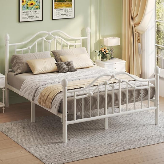 Full Metal Platform Bed Frame, Bed Frame with Victorian Headboard and Footboard, Strong Metal Slats Support, Mattress Foundation No Box Spring Needed, Easy Assembly, Noise Free, White